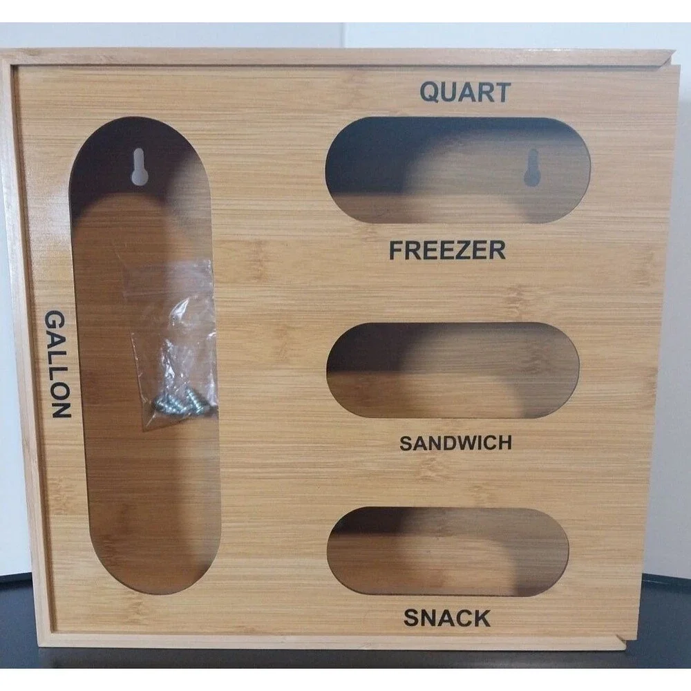 Bamboo Food Storage Bag Dispenser 4 Slot Gallon Quart Sandwich Snack Wall Mount